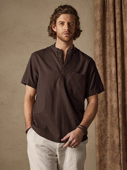 Casual Cotton and Linen Henley Shirt with Pocket