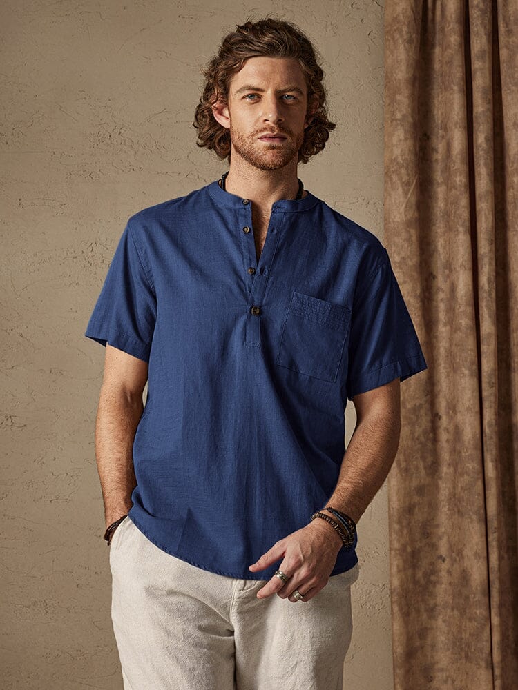 Casual Cotton and Linen Henley Shirt with Pocket