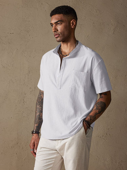 Fashion Cotton Linen Half Button Shirt