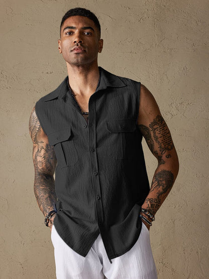 Cotton Linen Sleeveless Button Shirt with Pockets