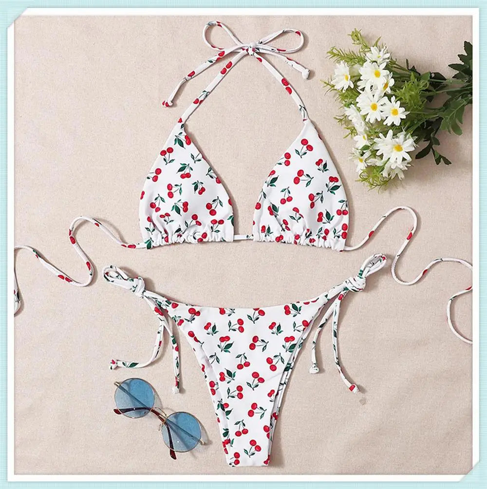 Colorful Print Triangle Lace Up Bikini Set