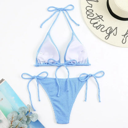 Colorful Triangle Lace Up Bikini Set