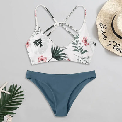 Floral Print Cross Back 2 Piece Swimsuit