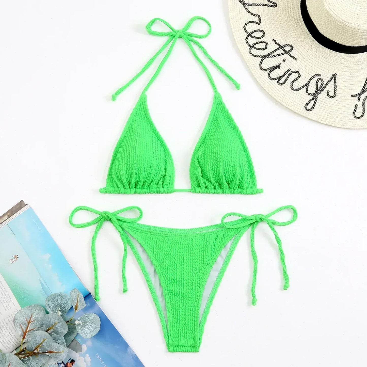 Colorful Triangle Lace Up Bikini Set