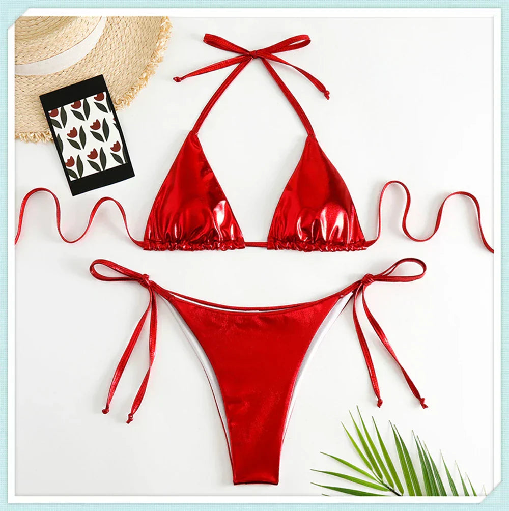 Metallic Triangle Lace Up Bikini Set