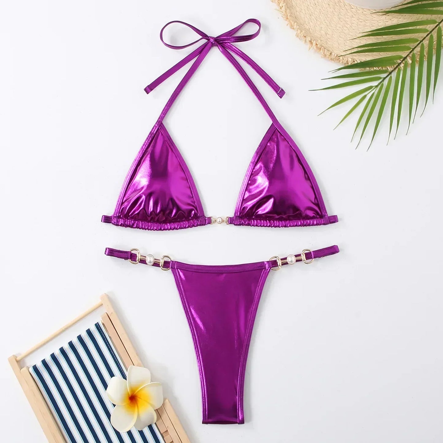 Metallic Triangle Thong Bikini