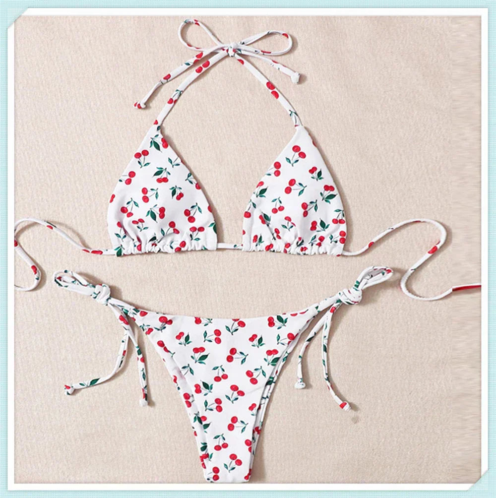 Colorful Print Triangle Lace Up Bikini Set