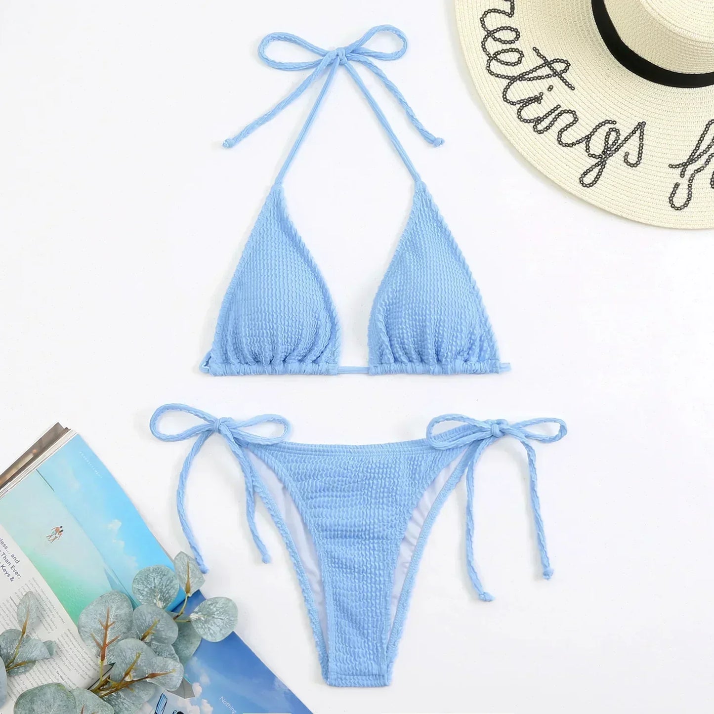 Colorful Triangle Lace Up Bikini Set