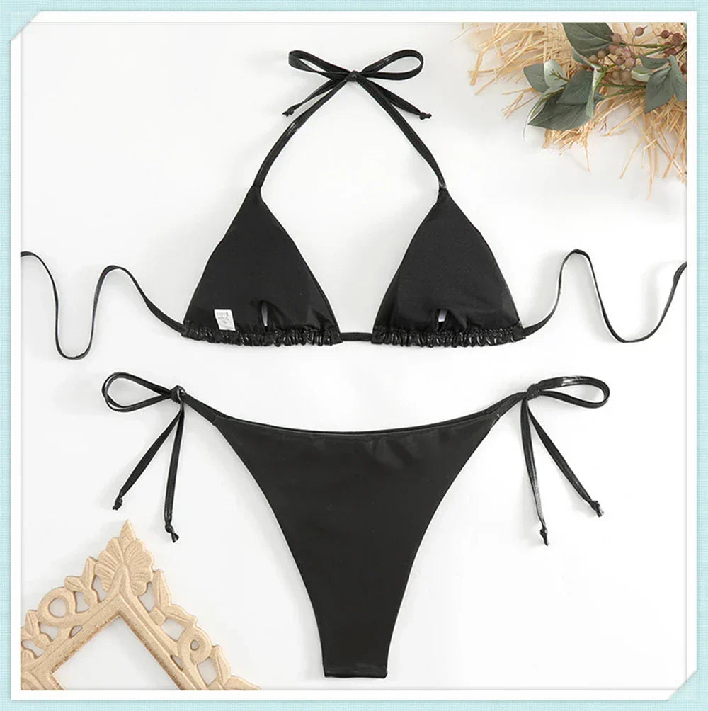 Metallic Triangle Lace Up Bikini Set