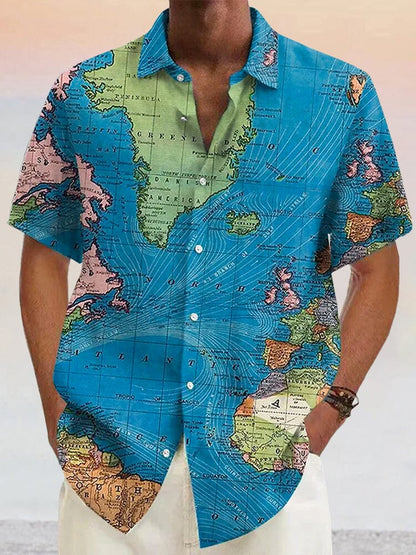 Stylish Map Pattern Cotton Linen Shirt