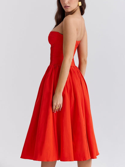 Strapless Pleated Flare Midi Dress