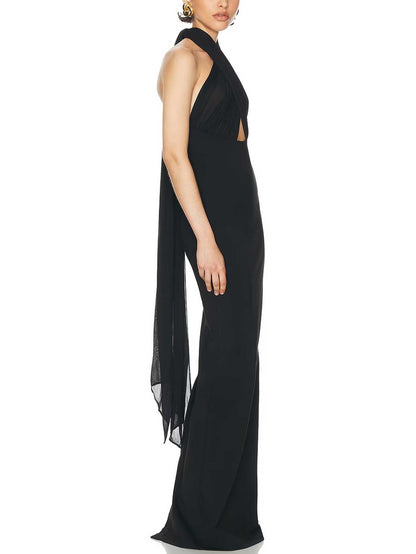 Elegant Halterneck Gown with Sheer Overlay