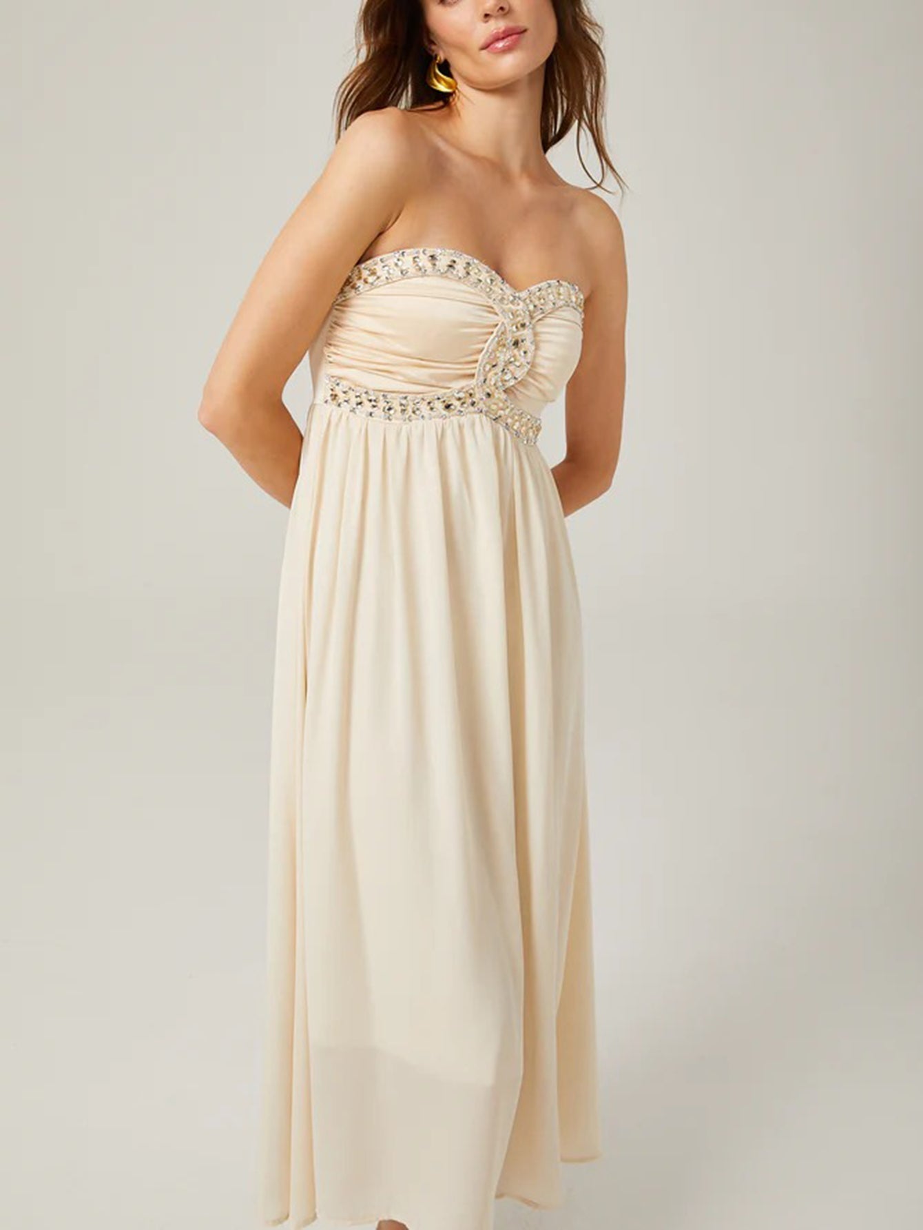 Elegant Beaded Strapless Midi Dress