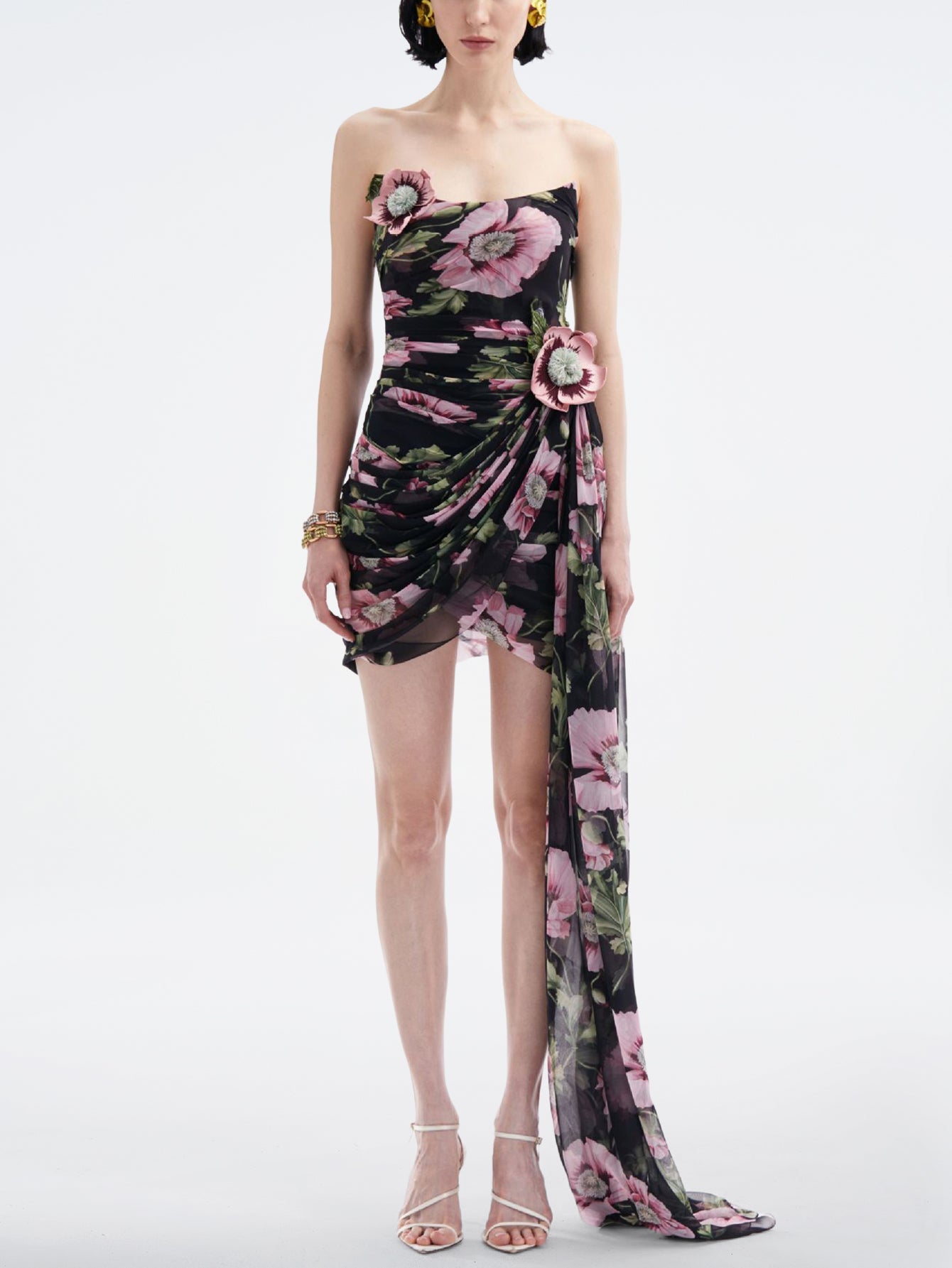 Floral Draped Mini Dress with Train