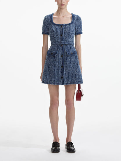 Tweed Belted Mini Dress with Braided Trim