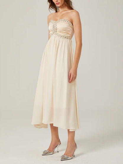 Elegant Beaded Strapless Midi Dress