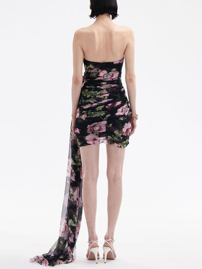 Floral Draped Mini Dress with Train