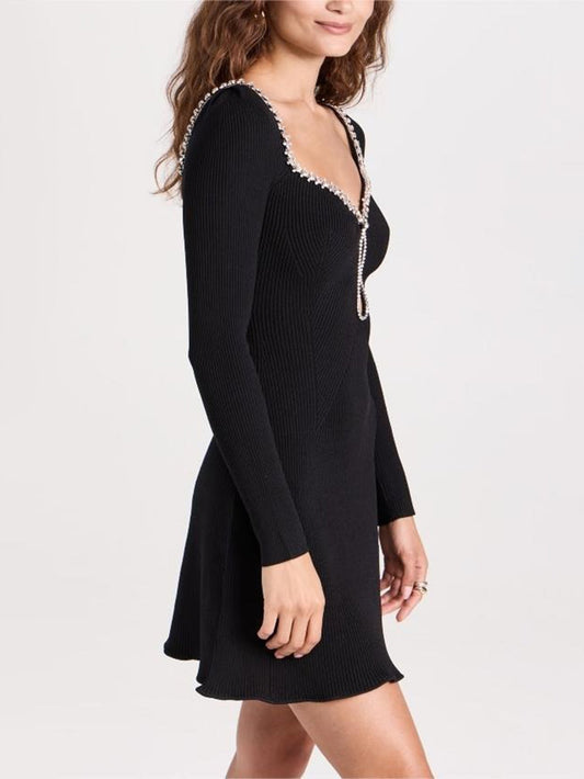 Knit Mini Dress with Crystal Embellished Neckline