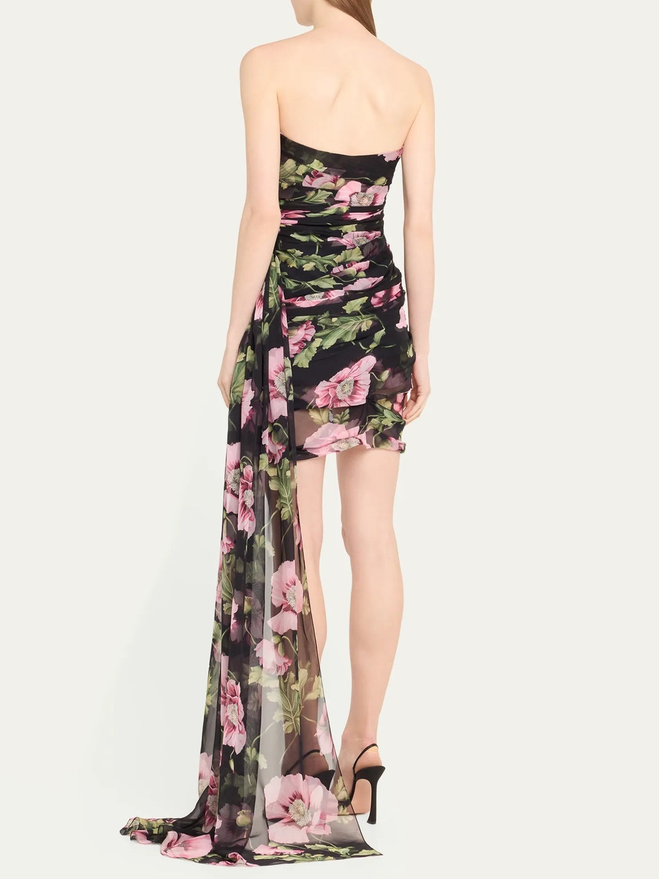 Floral Draped Mini Dress with Train