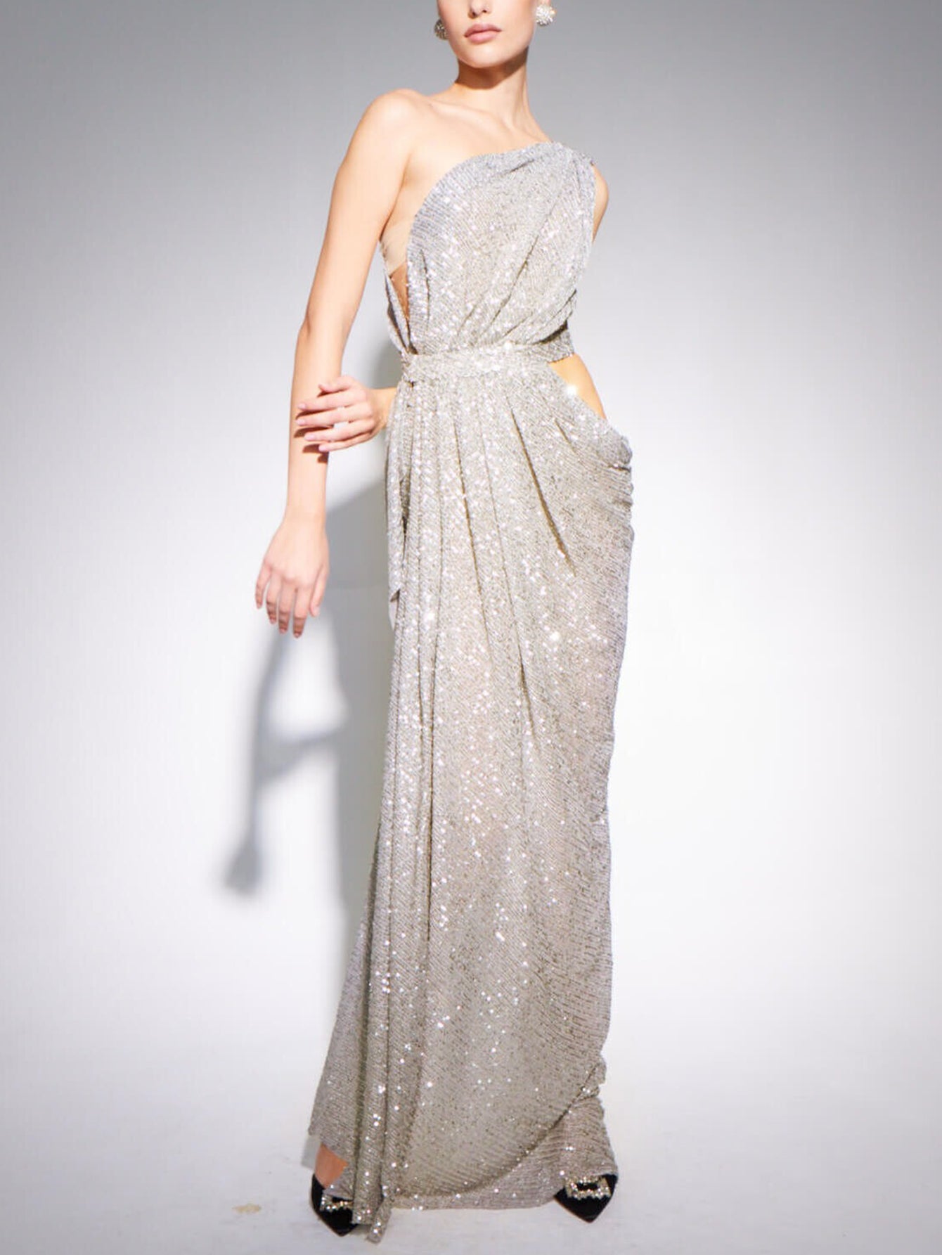 Silver Sequin Draped Gown with Cutouts