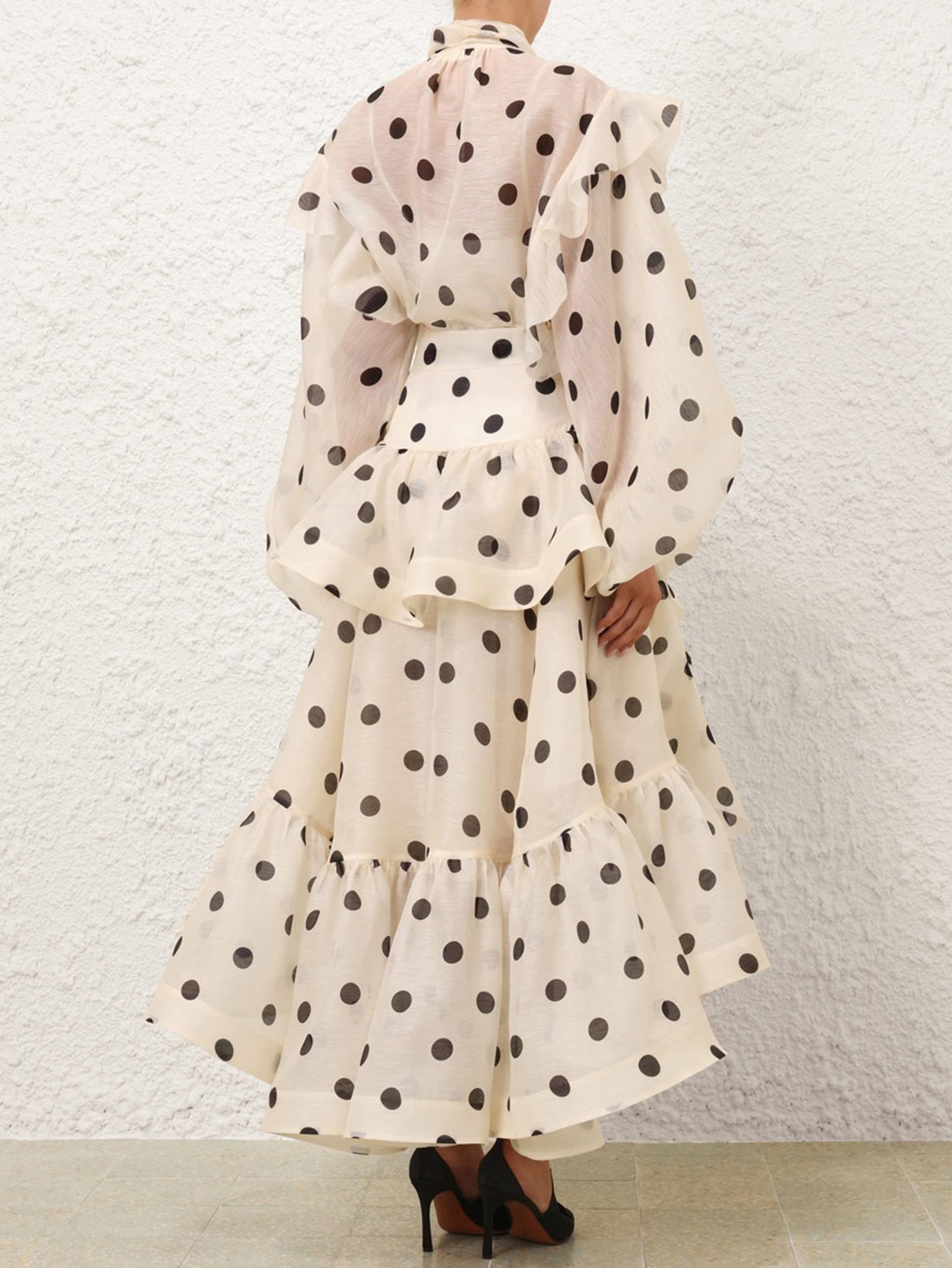 Elegant Polka Dot Ruffle Dress Set(No belt)