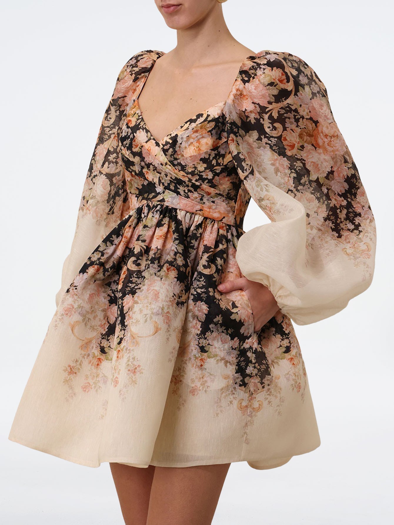 Elegant Floral Long Sleeve Mini Dress