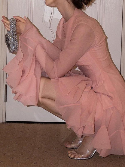 Chic Pink Ruffle Mini Dress with Long Sleeves - Perfect for Cocktail Parties