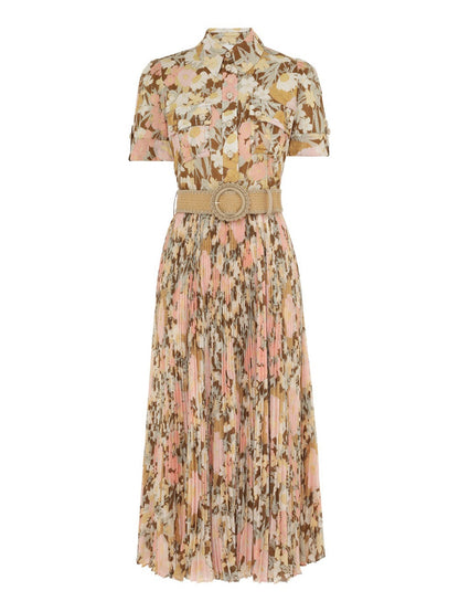 Elegant Floral Pleated Midi Dress