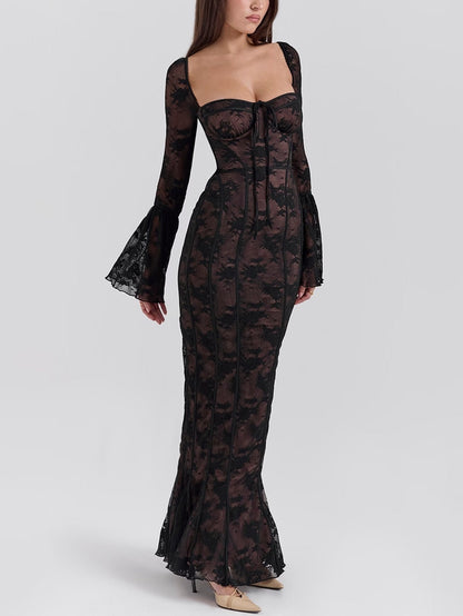 Floral Lace Gown with Flared Sleeves