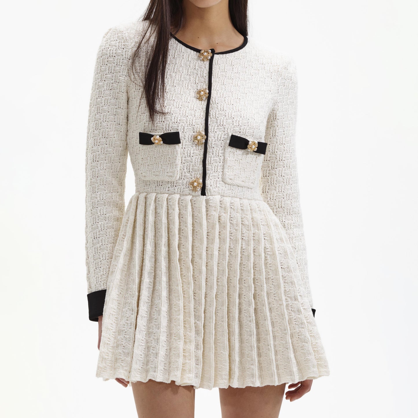 Pleated Knit Mini Dress with Pearl Buttons