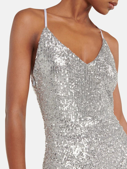 Sparkling Sequin Gown with Slit | Silver Evening Dress for Special Occasions