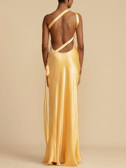 Satin Backless Tie Elegant Long Dress