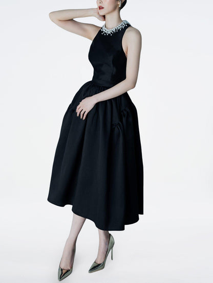 Timeless Halterneck Dress with Pearl Necklace