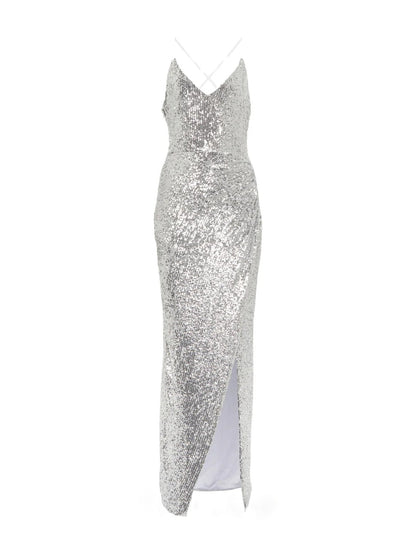 Sparkling Sequin Gown with Slit | Silver Evening Dress for Special Occasions