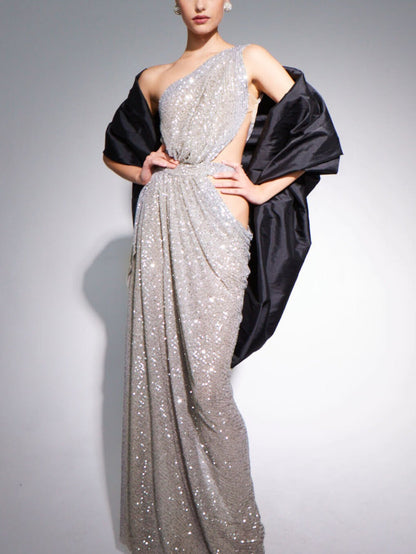 Silver Sequin Draped Gown with Cutouts