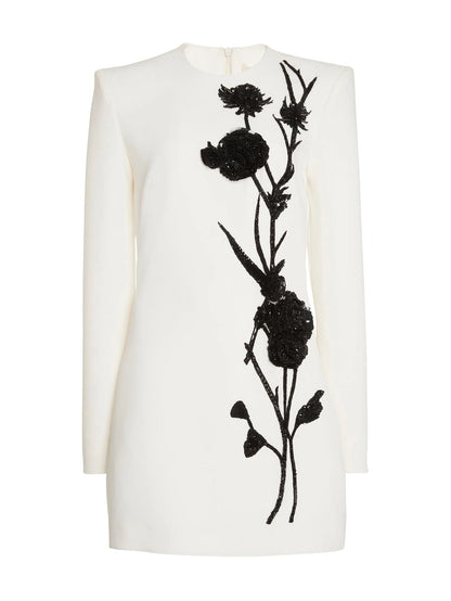 Floral Embroidered White Mini Dress with Long Sleeves