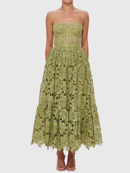 Green Guipure Lace Tea-Length Dress - Elegant & Timeless