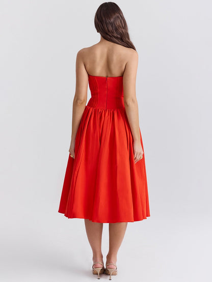 Strapless Pleated Flare Midi Dress