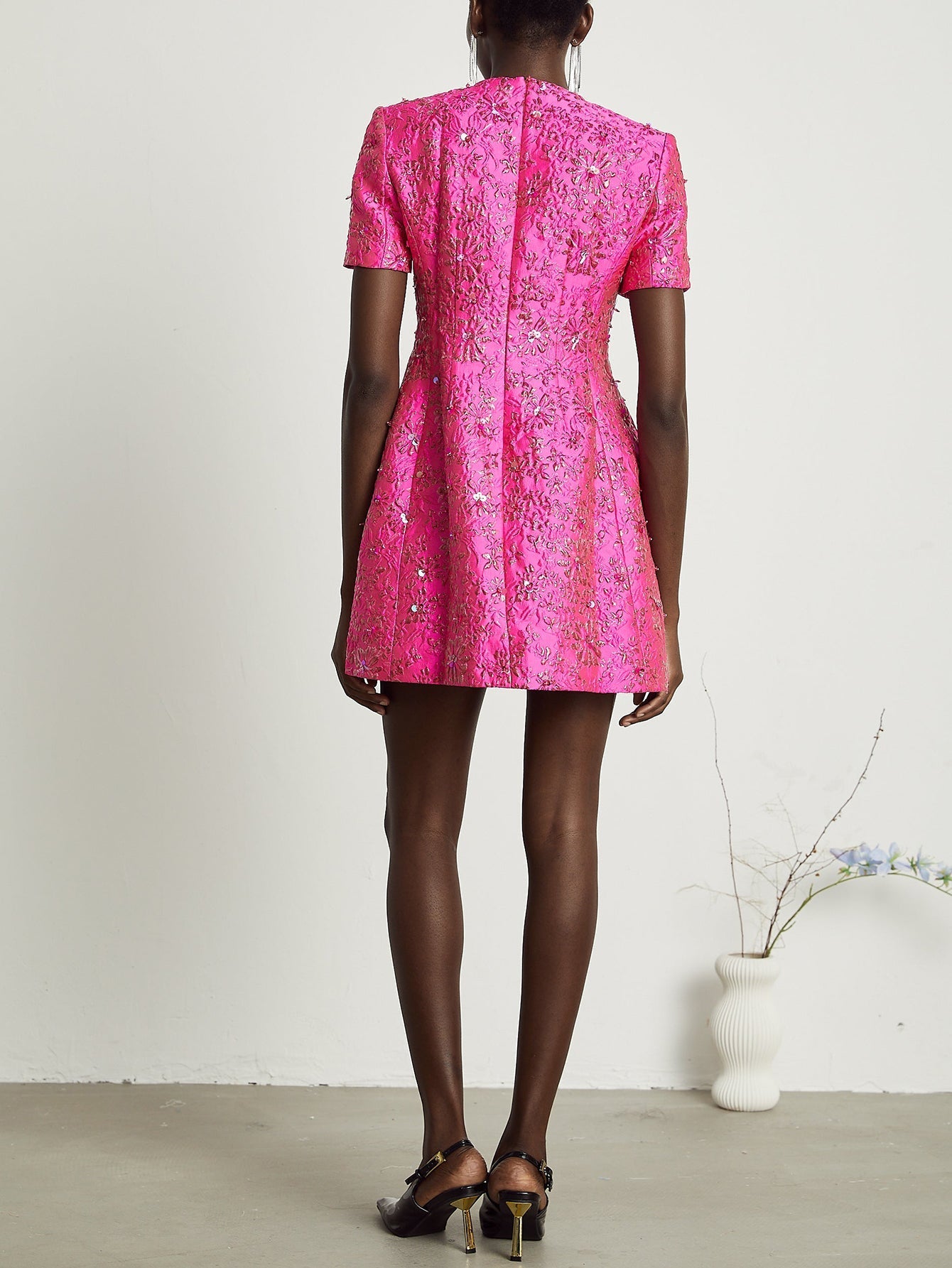 Floral Brocade Mini Dress in Hot Pink