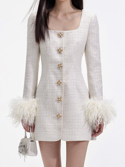 Square Neck Glitter Feather Mini Dress