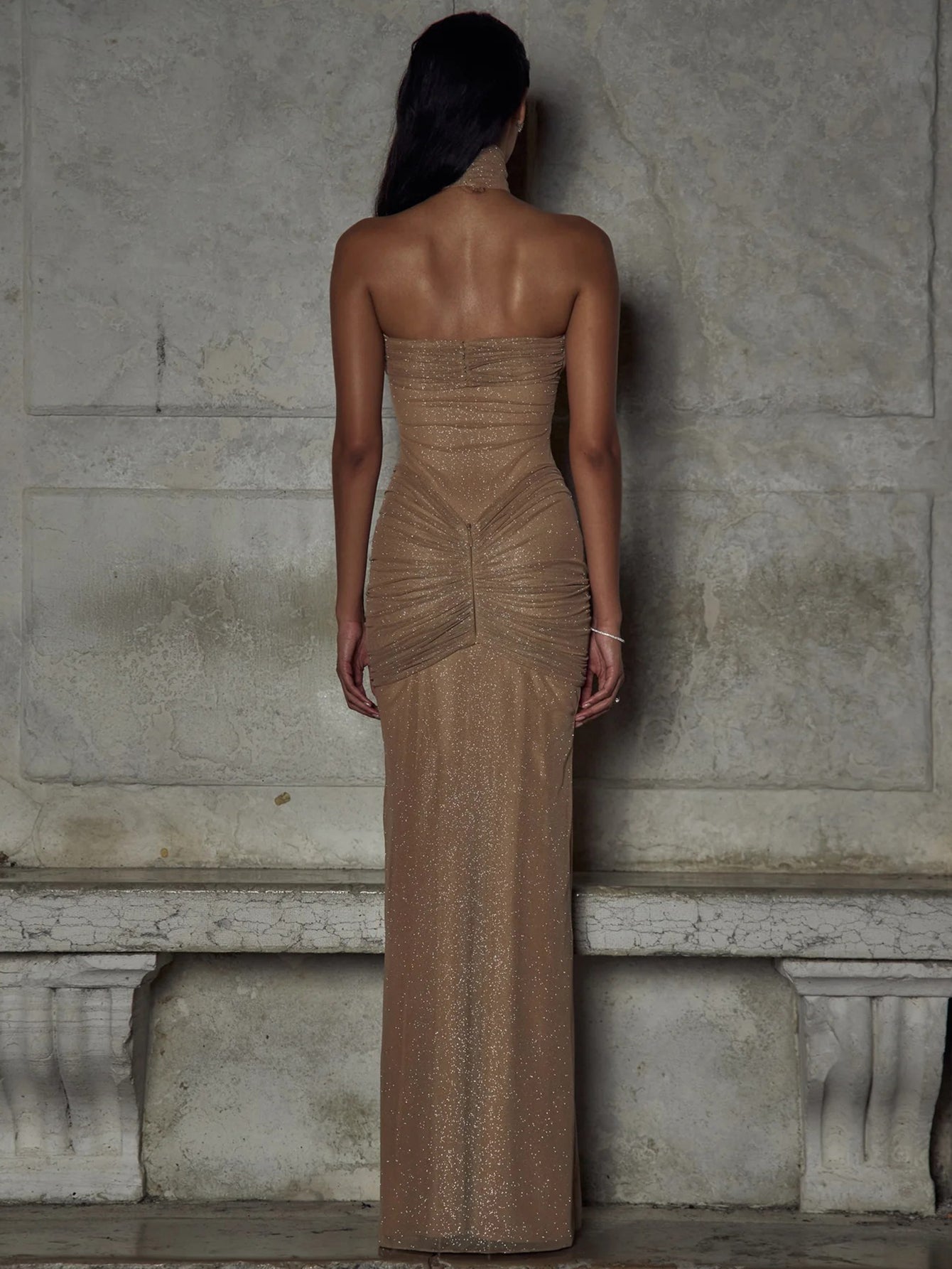 Glitter Mesh Gown with Ruched Bodice