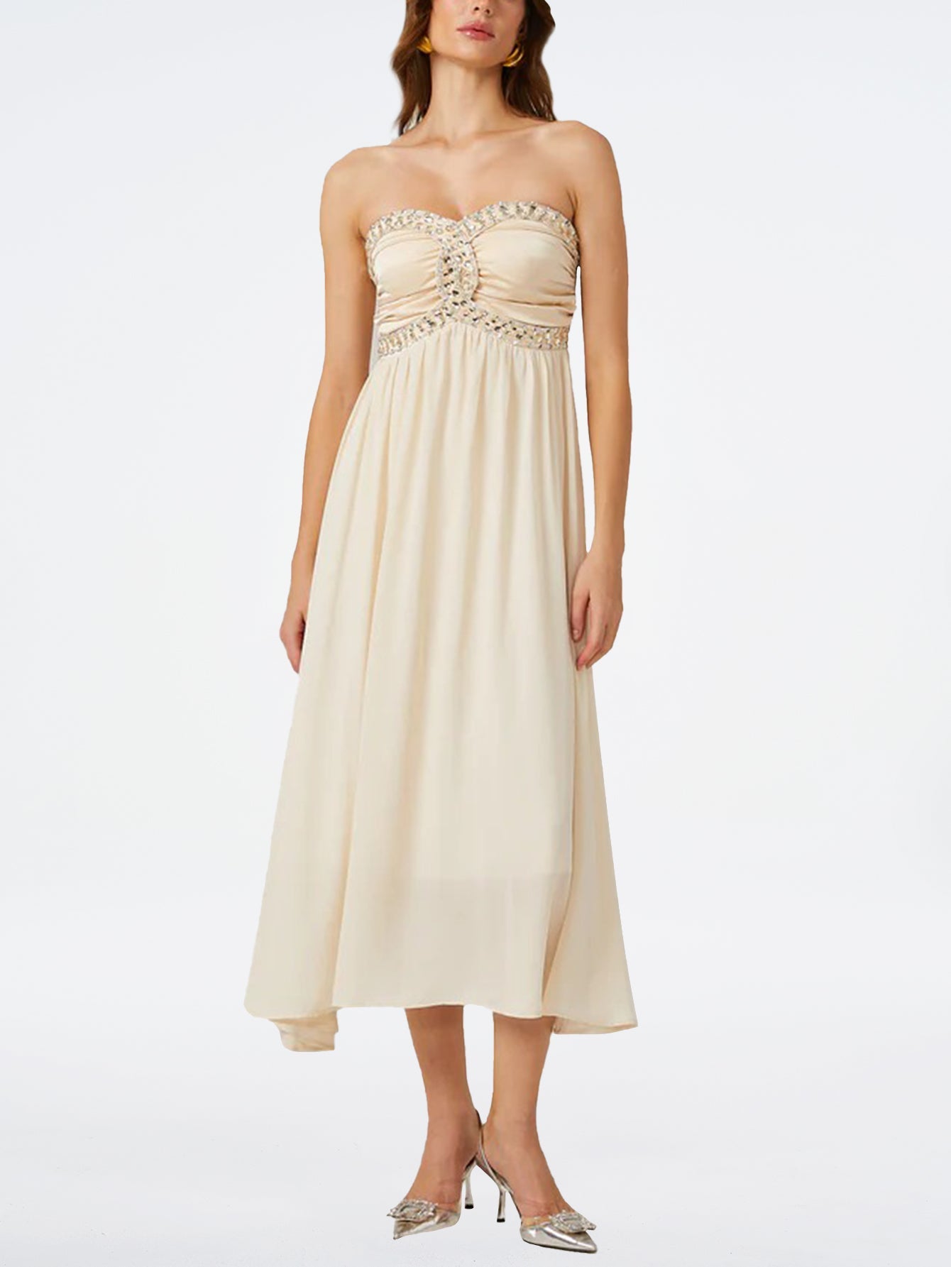 Elegant Beaded Strapless Midi Dress