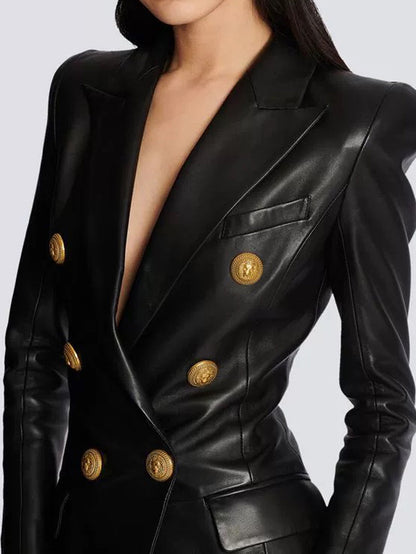 Leather Double-Breasted Blazer Dress