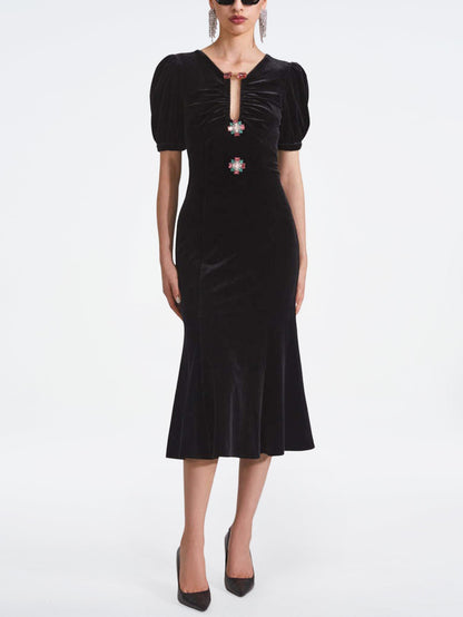 Elegant Velvet Midi Dress with Puff Sleeves