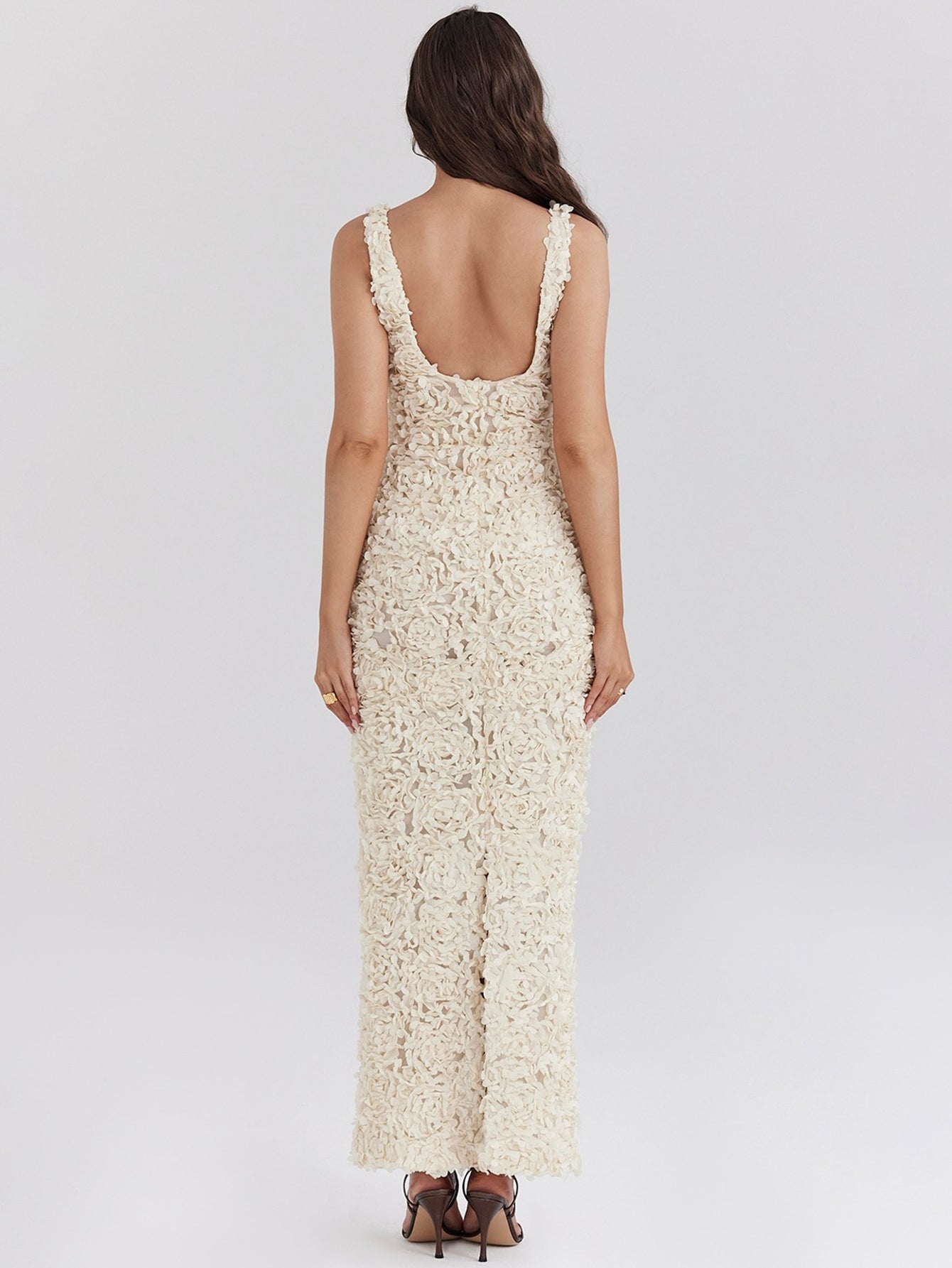 Creme Applique V Neck Sleeveless Maxi Dress