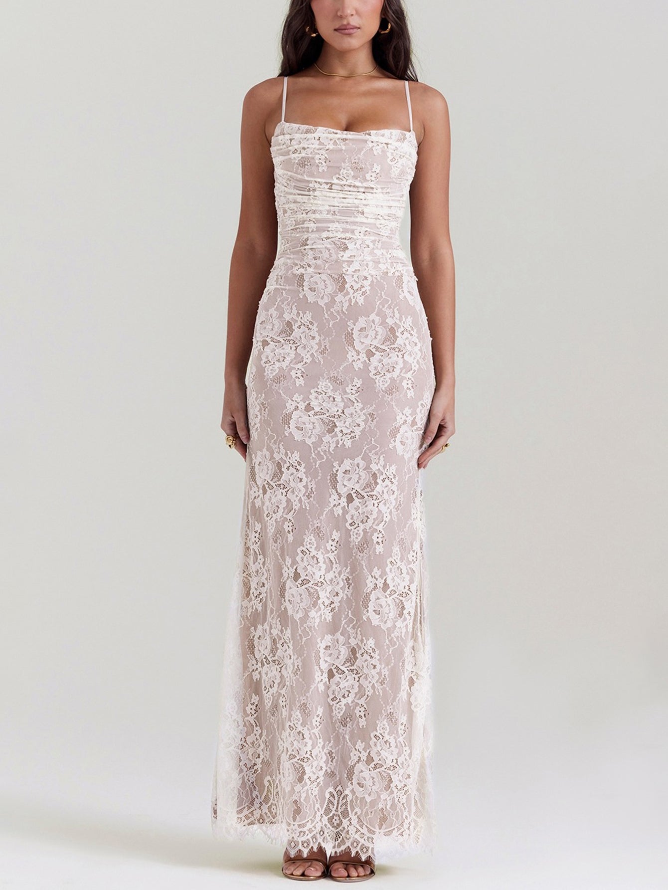 Sexy Shrug Ruched Lace Maxi Fishtail Dress