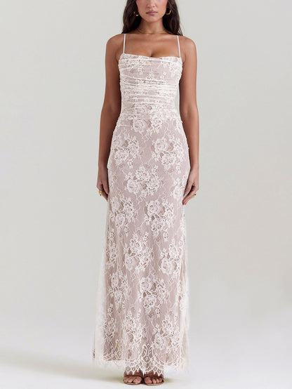 Sexy Shrug Ruched Lace Maxi Fishtail Dress