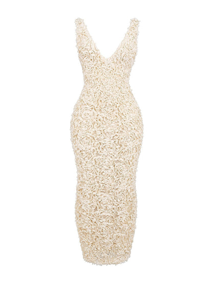 Creme Applique V Neck Sleeveless Maxi Dress