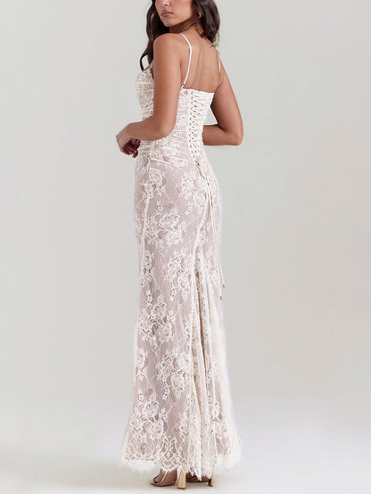 Sexy Shrug Ruched Lace Maxi Fishtail Dress