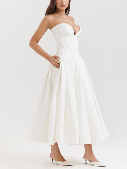 Solid Strapless Sleeveless Midi Dress